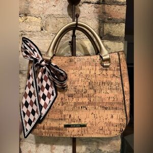 ANNE KLEIN Metallic Cork Lacey Satchel Hand Bag Faux Leather Gold.